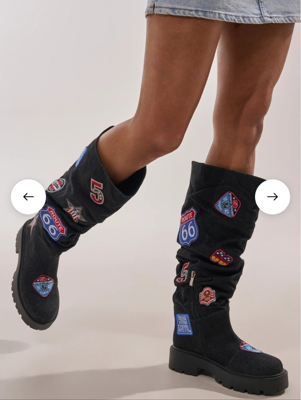 AKIRA Black Patch Emblem Mid-Calf Heeled Boots